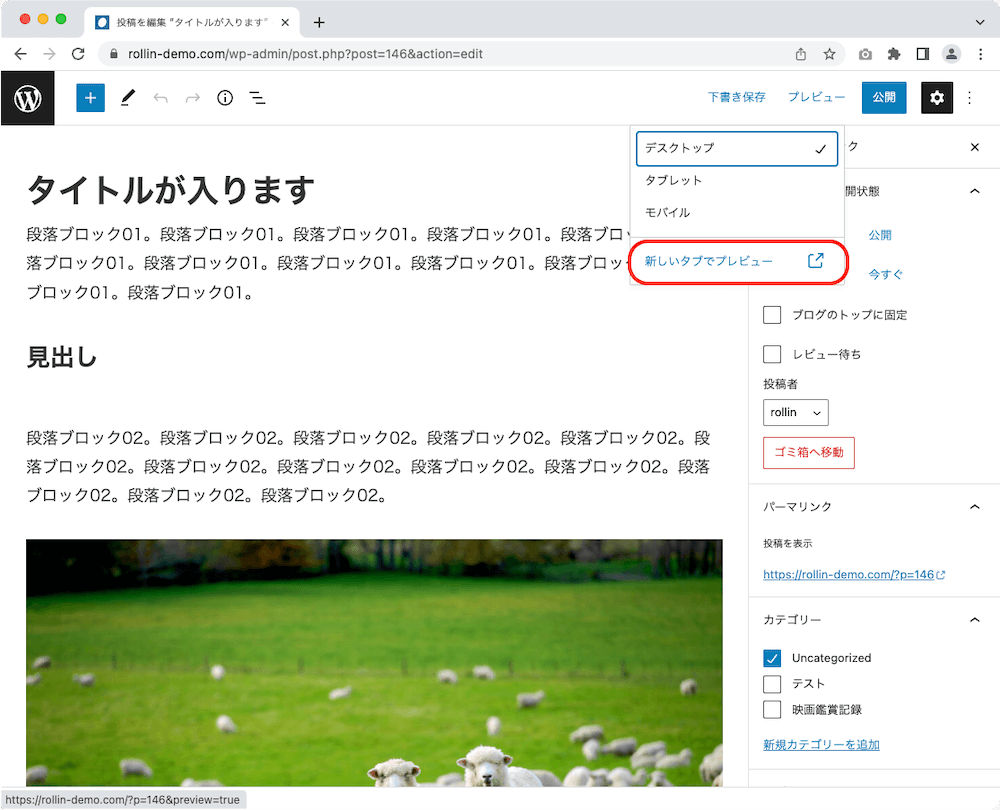 WordPress 管理画面 投稿作成画面 プレビュー