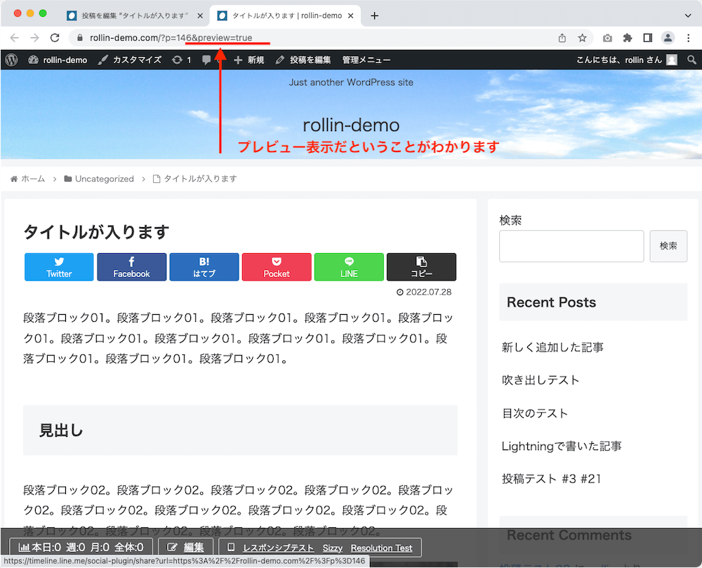 WordPress 管理画面 投稿作成画面 プレビューした画面