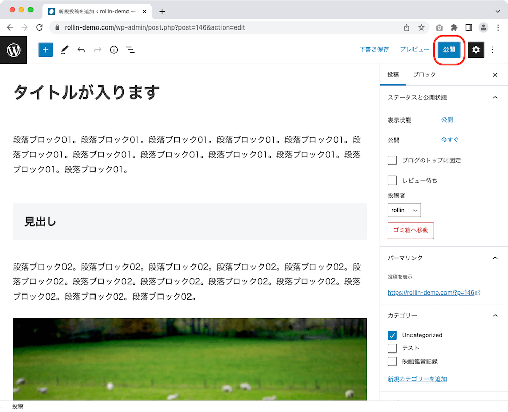 WordPress 管理画面 投稿作成画面 公開