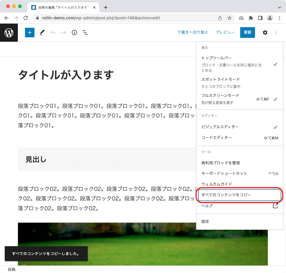 WordPress 管理画面 投稿作成画面　設定 全てのコンテンツをコピー